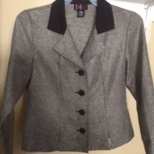 R&K Originals Blazer Sz6 Tweedy Gray Four Button Contrast Collar Fitted Pre-Owne